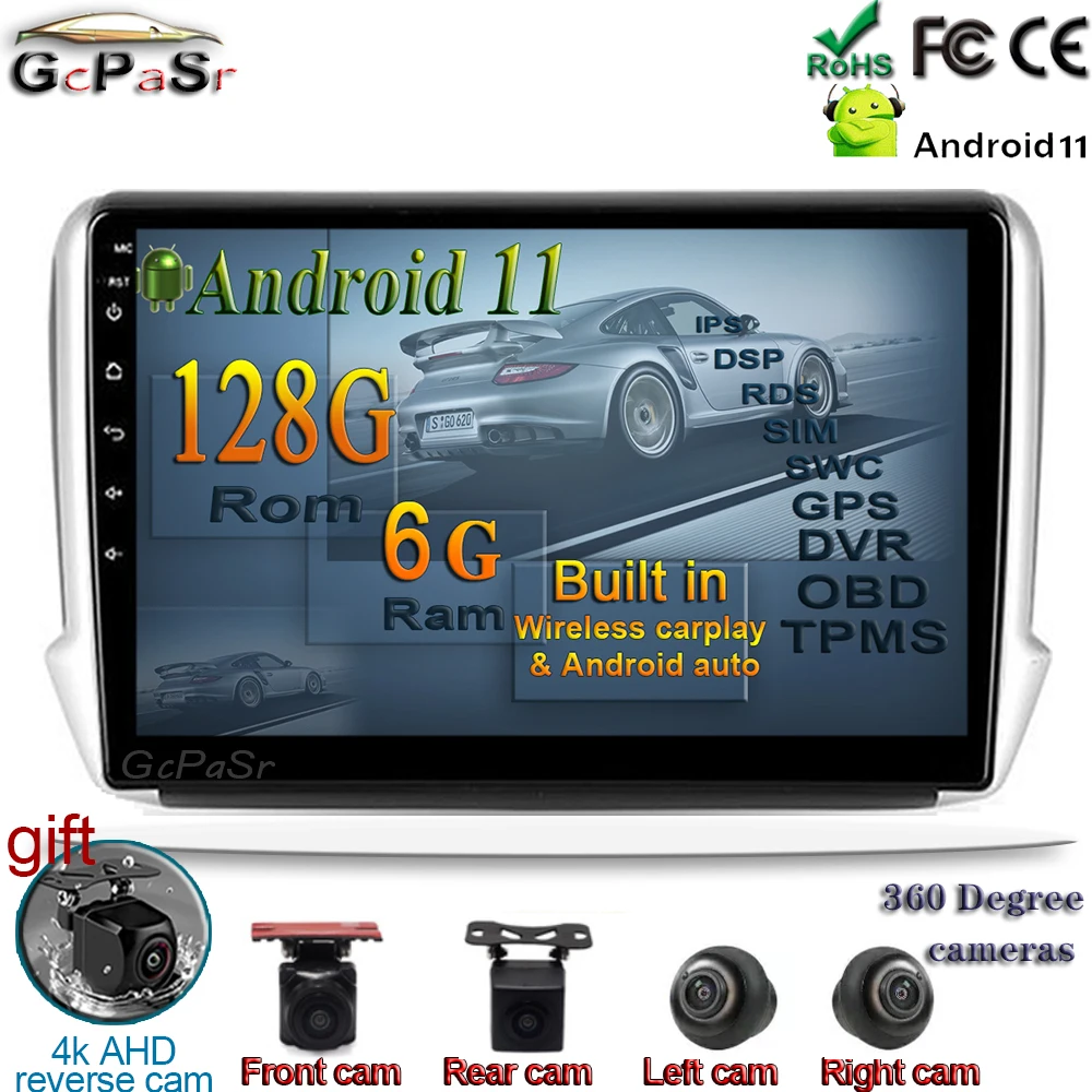 Автомобильная стерео-система на Android 11 с двумя объективами для Peugeot 2008 208 2012-2018