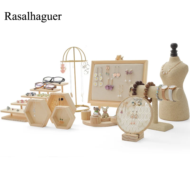 Fashion Wooden Earrings Holder Jewelry Display Storage Rings Bracelet Necklace Stand Jewelry Showing Props Set Wholesale