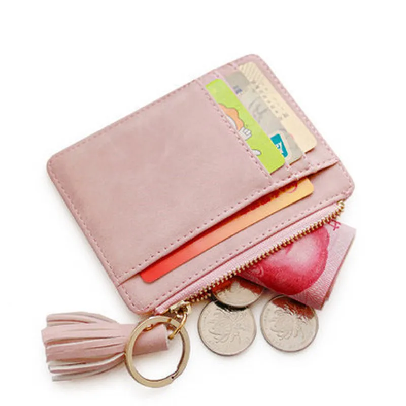 

Matt Leather Mini Tassel Women Card Holder Cute Credit ID Card Holders Zipper Wallet Case Change Coin Purse Keychain Carteras