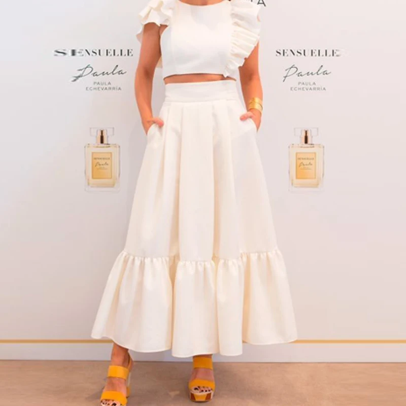 Comprar Falda Maxi blanca para mujer de cintura alta con volantes inferior elegante vestido de fiesta de graduación con bolsillos hasta el tobillo Línea A mujer Faldas