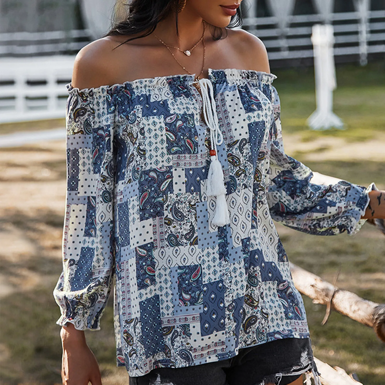 2020 Shirts Fashion One Shoulder Women's Bohemian Printed Holiday Casual Shirt In Spring And Summer Блузи 1