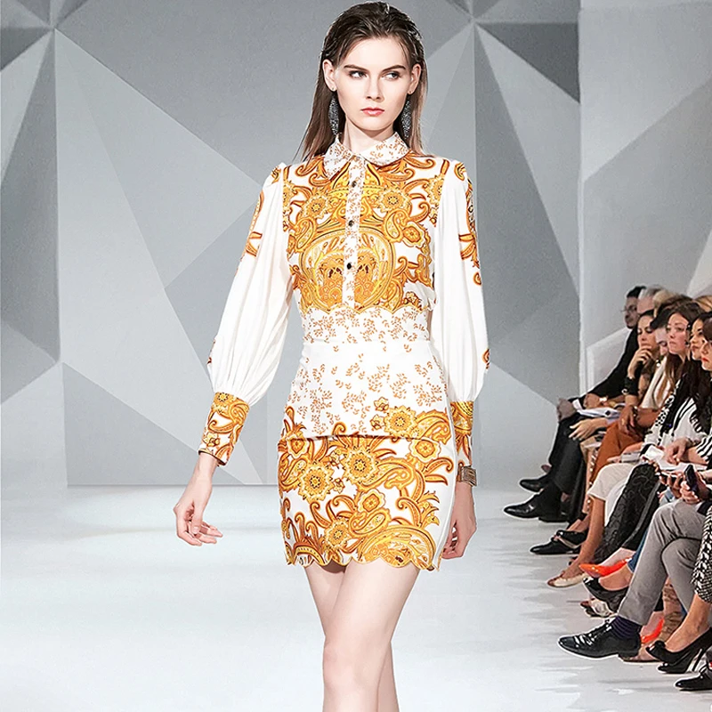 Модный осенний винтажный костюм для подиума Женский Топ с золотым принтом +