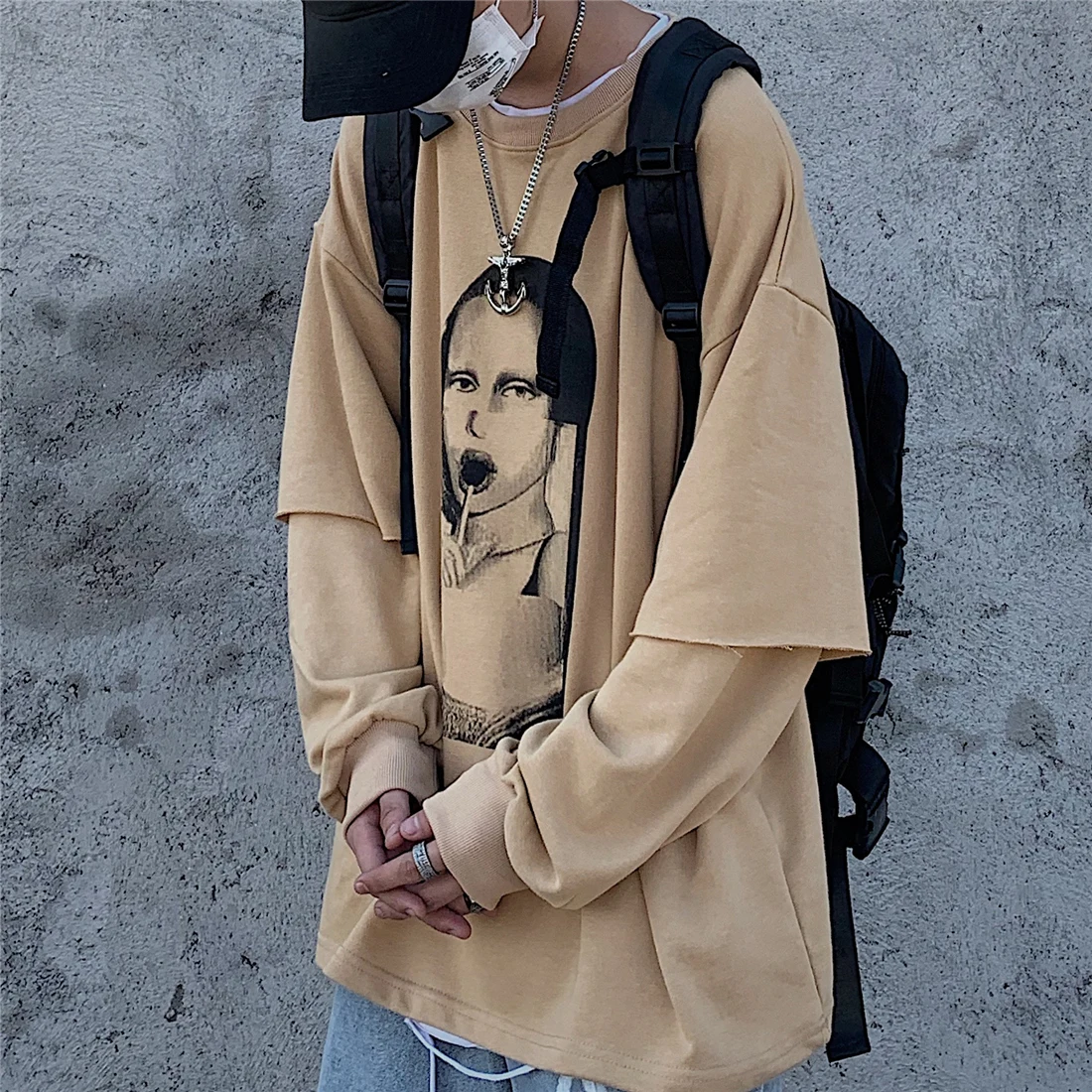 Autumn Patchwork Two Piece Style Character Print Loose Sweatshirt Pullover Hoodies Women Man Harajuku Streetwear Punk Top Korean