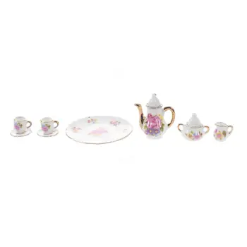 

8pcs Dollhouse Miniature Dining Ware Porcelain Tea Set Dish Cup Plate -Pink Rose