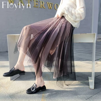 

FLOYLYN Spring Summer Elastic Waist Mesh Layers Hit Color Women A-line Skirts Irregular Female Tutu Skirt Femme Faldas Mujer