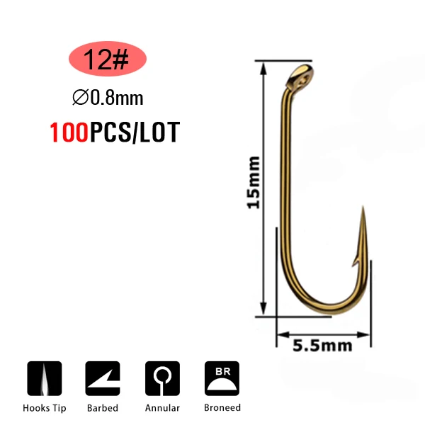 100pcs Size 12 ICERIO 100 шт. длинная ручка вниз глаза Сухой Влажной Нимфа вязания мушек крючок острый углеродистая сталь рыболовный снасти Аксессуары - Цвет: 100pcs Size 12