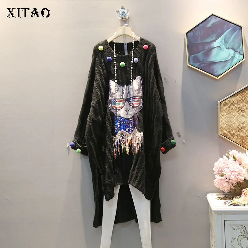XITAO необычное черное платье с аппликацией модное новое трикотажное кисточками