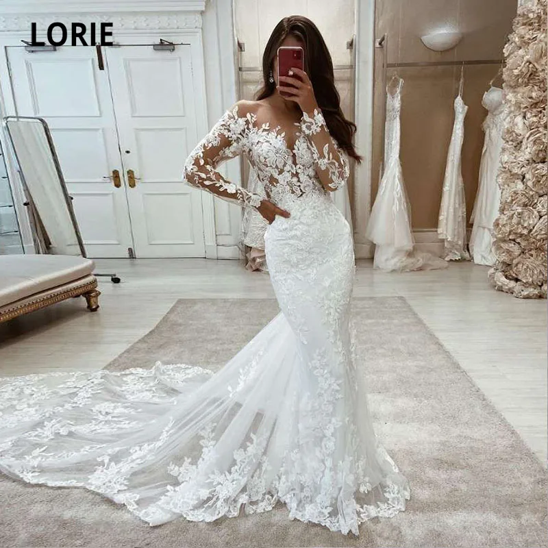 LORIE 보호 웨딩드레스 인어 레이스 긴소매 웨딩 가운 빈티지 화이트 아이보리 커스텀 메이드 럭셔리 신부 드레스 2021