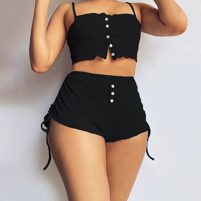 Two Pieces Sexy Women Suit Sets Homewear Pajamas Summer Fashion Sleeveless Frill Hem Buttoned Crop Top & Drawstring Shorts Set long skirt and top set