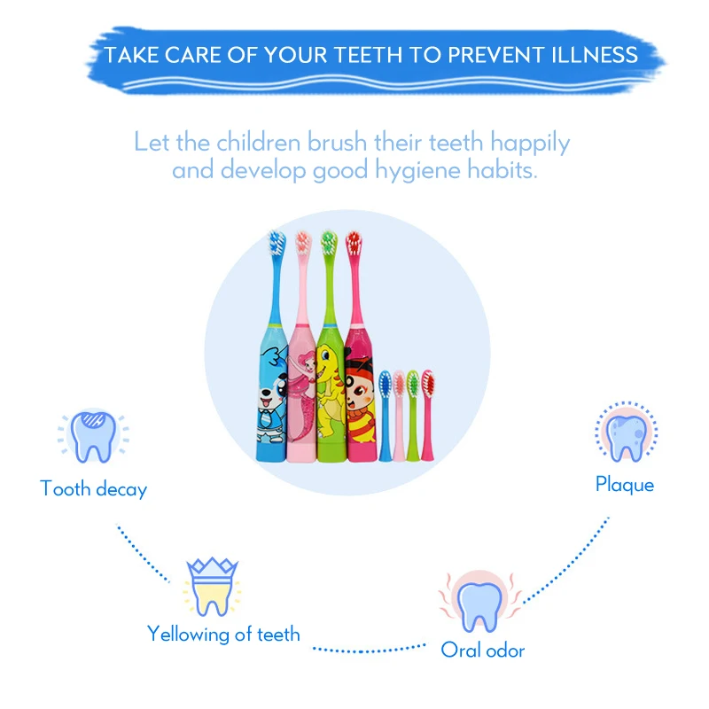 Детская звуковая электрическая зубная щетка с мультяшным рисунком зубная щетка электрическая Мягкая зубная щетка для волос для детей 2 шт. Сменная головка