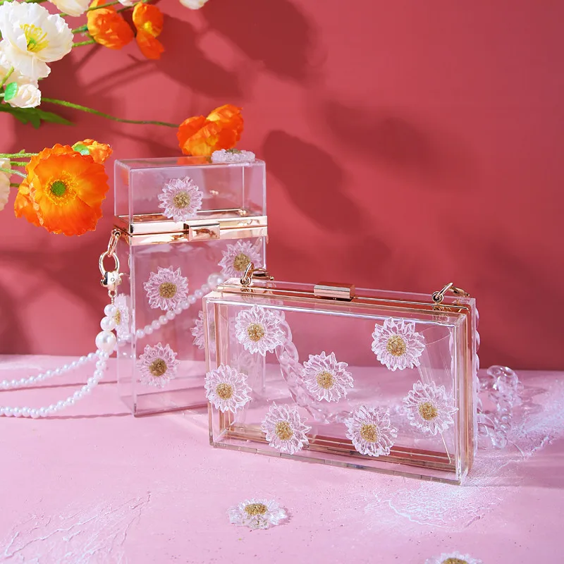

TOYOOSKY Fashion Transparent Bag Women Evening Party Purses Bridal Wedding Handbag Ins Daisy Flower Holiday Acrylic Shoulder Bag