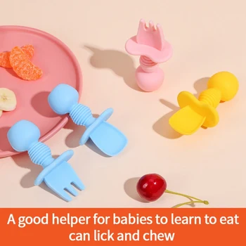 

Baby Cute Feeding Training Tableware Infant Food Supplement Silicone Short Handle Fork Spoon Set