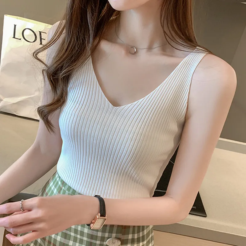 Korean Fashion Women Tops Sexy Halter tops Lady Ice Silk V-neck Camisole Top Plus Size Woman Knitted Sleeveless Camis Tees Top