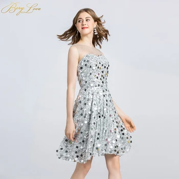 

BeryLove Silver Sequin Short Homecoming Dress 2020 Lace Prom Gowns Plus Size Tank Sheer Shoulder Graduation Dress Belt
