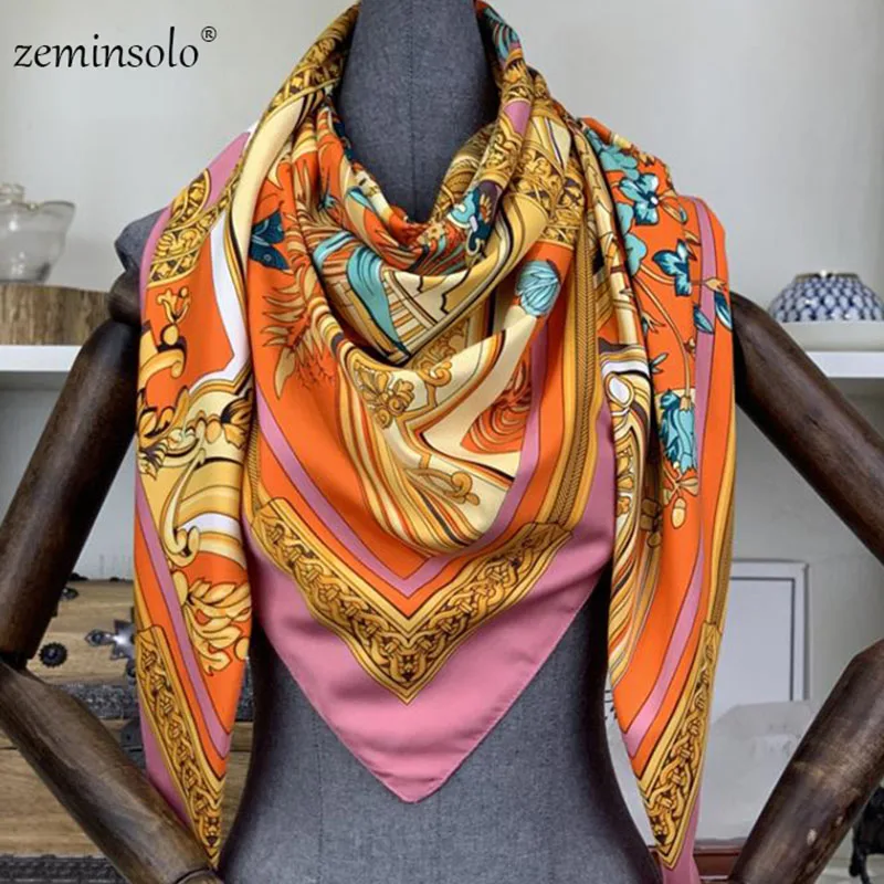Твиловая, шёлковая Косынка женский платок роскошный бренд Foulard Женская квадратная шаль с рисунком шарфы Модные Шали Обертывания 130*130 см - Цвет: Оранжевый