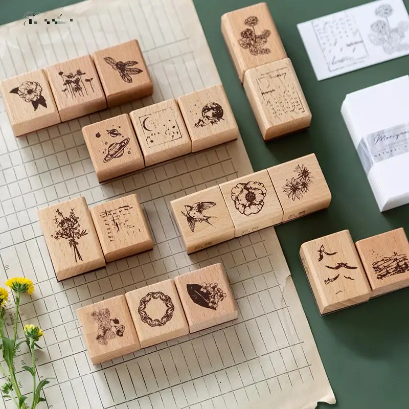 

1set Vintage flower moon birds decoration stamp wooden rubber stamps for scrapbooking stationery DIY craft standard stamp