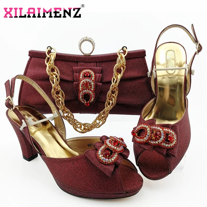 

African Classics Style Shoes with Matching Bag for Wedding Italian Wine Color 2019 Shoe and Matching Bag with Shinning Crystal