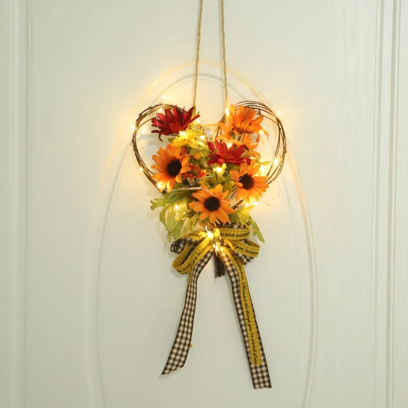 

Simulation Sunflower Christmas Wreath Flower Ribbon Wall Hanging Autumn Thanksgiving Heart-shaped Holiday Hang Wreath Home Decor