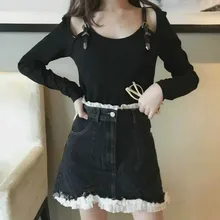 Женская джинсовая кружевная юбка, новинка, с высокой талией, с разрезом, трапециевидная, модная, весна-лето, юбки для девочек