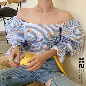 

COIGARSAM Cute Floral Print Shirt Womens tops Lace Slash neck High Waist Women shirts Green Blue 4331