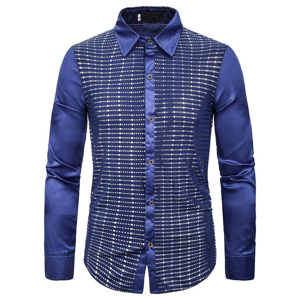 Модная рубашка с пайетками для мужчин новая сексуальная прозрачная приталенная рубашка с длинными рукавами Мужская Повседневная рубашка на пуговицах для ночного клуба, сценическая одежда, рубашки - Цвет: Синий