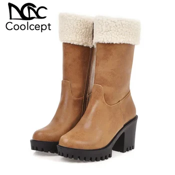 

Coolcept 4 Color Women Winter Warm Mid Calf Boots Platform Chunky Heels Casual Daily Short Boots Round Toe Footwear Size 34-43