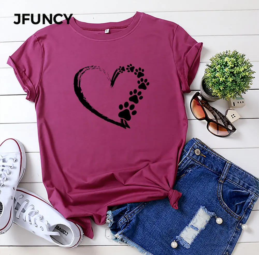 JFUNCY Plus Size Women's Tops 100% Cotton Loose T Shirt Love Print Woman Tees Female Summer T-shirt Short Sleeve Lady Tshirt