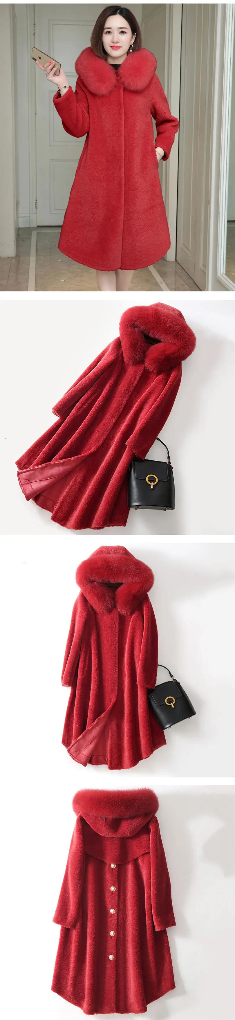 Women Autumn Winter Real Fox Fur Collar Natural Sheep Shearing Fur Coat Female Genuine Lambswool Jacket Abrigos Mujer N252