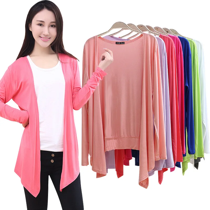 

2019 Spring And Summer Modal Long-sleeved Cardigan Women's Large Size Thin Coat Pleated Shawl Mid-length Sun Shirt