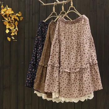 

7460 Mori Girl New Spring Women Skirt Literary Cotton Casual Loose Floral Print Skirts Women
