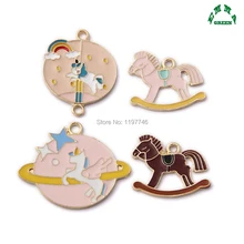 Encantos Unicórnio Esmalte Rosa de ouro Pingentes De Metal para DIY Fazer Jóias Colar Finding Charme Pingente 5pcs 27mm(China)