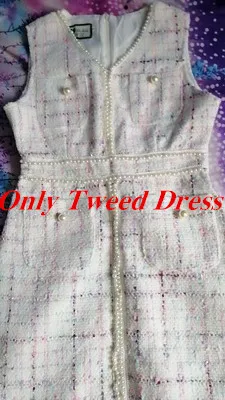 Only Tweed Dress Модное короткое платье из твида с бусинами и жемчугом, свитер, комплект из 2 предметов, Осень-зима, женское милое платье с v-образным вырезом и карманом, офисное платье - Цвет: Only Tweed Dress