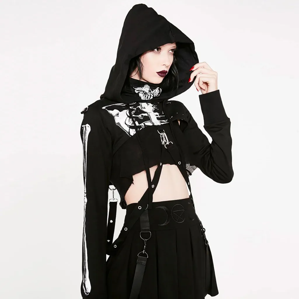 

Gothic Punk Hooded Hoodies Women Black Skeleton Print Mask Long Sleeve Crop Tops Pullover 2019 Autumn Halloween Top Sweatshirt