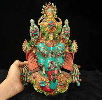 

wedding decoration Old Tibetan Bronze Gilt Inlay turquoise gem Elephant Jambhala Buddha head statue