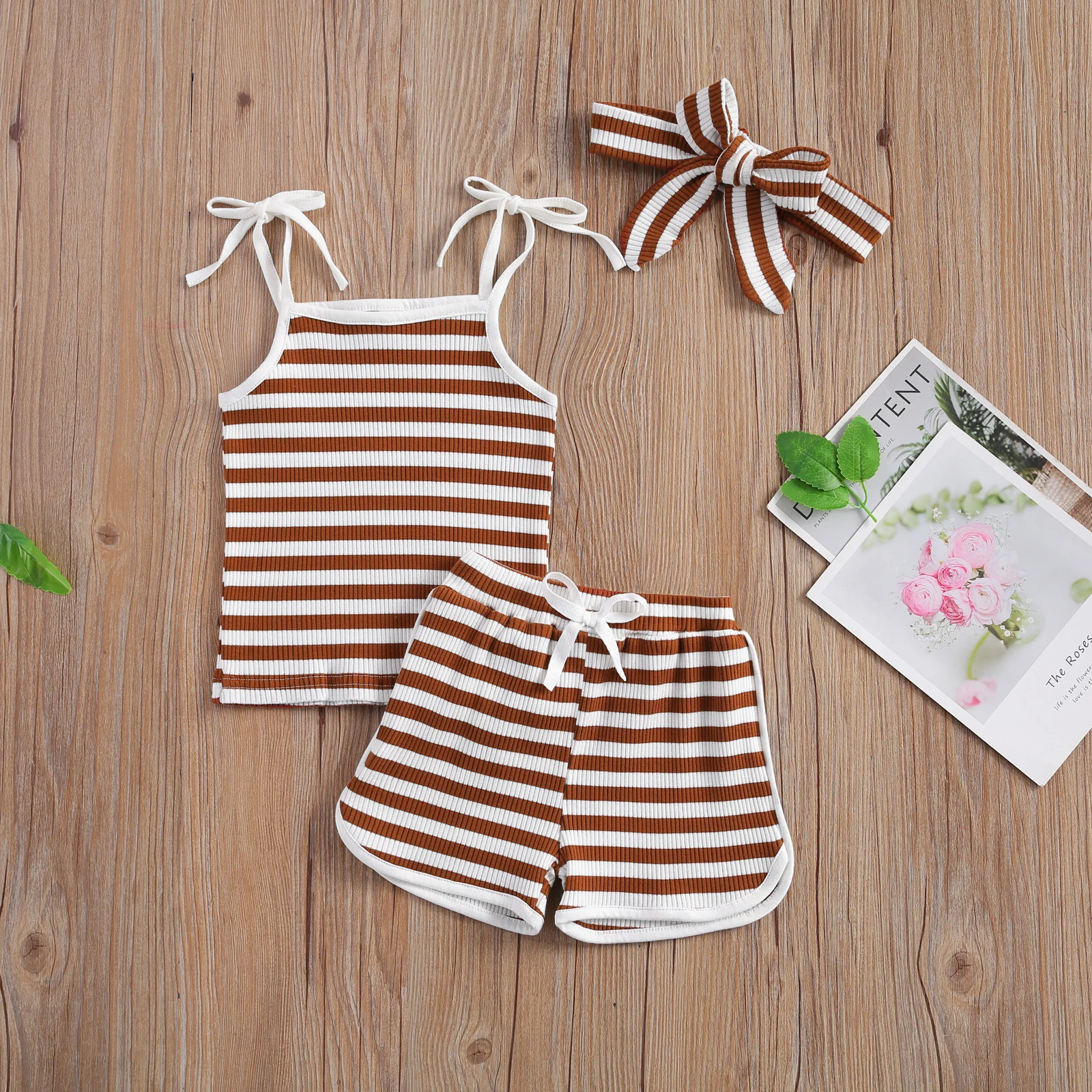 0-24M Newborn Baby Girls Boys 3Pcs Clothes Sets Striped Knitted Sleeveless Summer Sling Tops with Elastic Short and headband baby shirt clothing set Baby Clothing Set