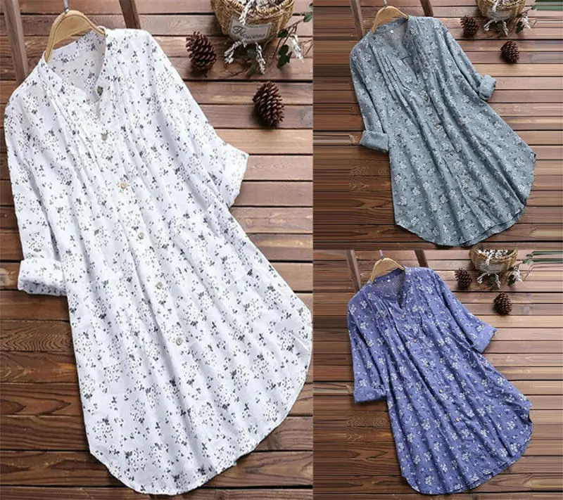 

Plus Size Women Floral Long Sleeve Tunic Shirt Loose Tops Button Blouse
