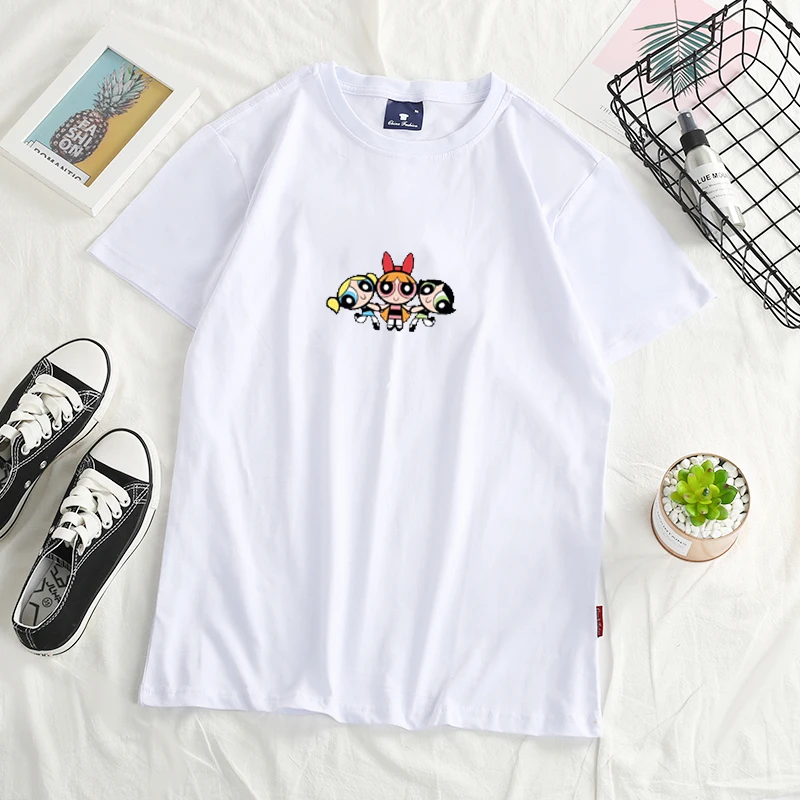 Новинка; Kawaii Powerpuff; футболка для девочек; Топ в стиле Харадзюку; женская модная одежда; футболка с круглым вырезом Новинка; Kawaii Powerpuff; футболка для девочек; Топ в стиле Харадзюку; женская модная одежда; футболка с круглым вырезом