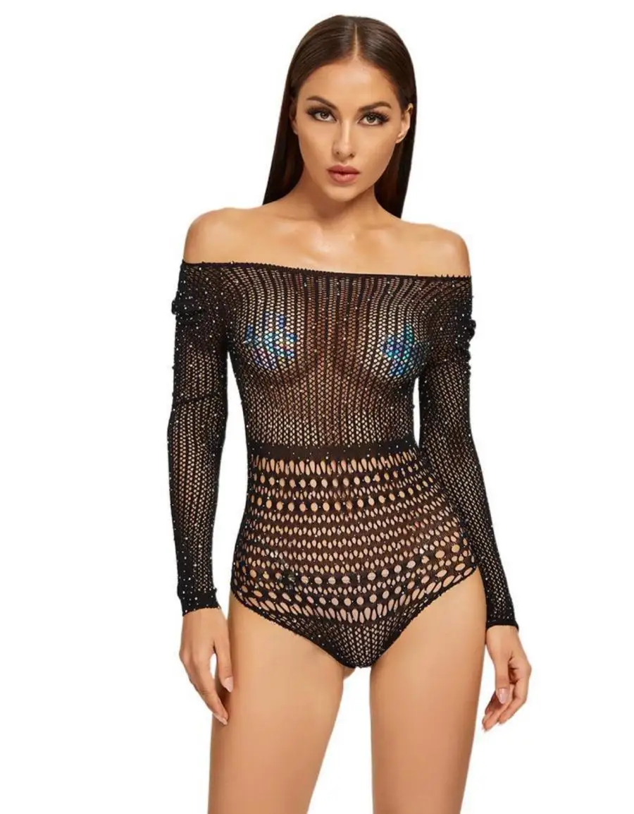 

European Clothing Sexy Jumpsuit Iron Drill Hollow Leak Shoulder Bag Hip Women's Underwear Body Suit Q561
