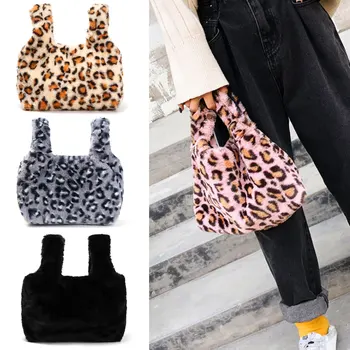 

Women Winter Daily Shoulder Bags Plush Faux Fur Crossbody Bags Leopard Print Clutch Handbag Messenger Bag