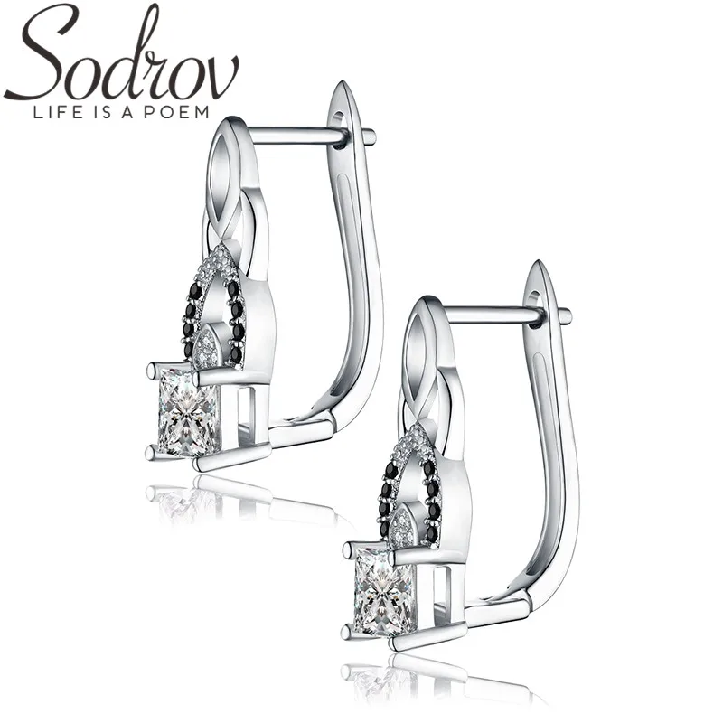 

SODROV 925 Sterling Silver Jewelry Engagement Hoop Earrings for Women Black Spinel Stone Bijoux Silver 925 Jewelry T017