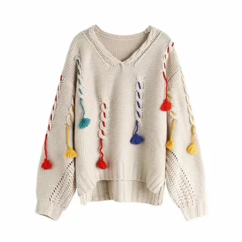 

Women's Sweaters V-Neck Long Sleeve Knitwear Casual Loose Knitted Pullover Jumper Pull Femme Ripped Tassels Sweateruglychristmas