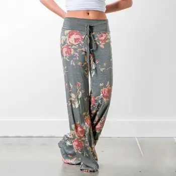 

Women Summer Casual Floral Print Long Pants Elastic Waist Drawstring Loose Long Trousers Streetwear