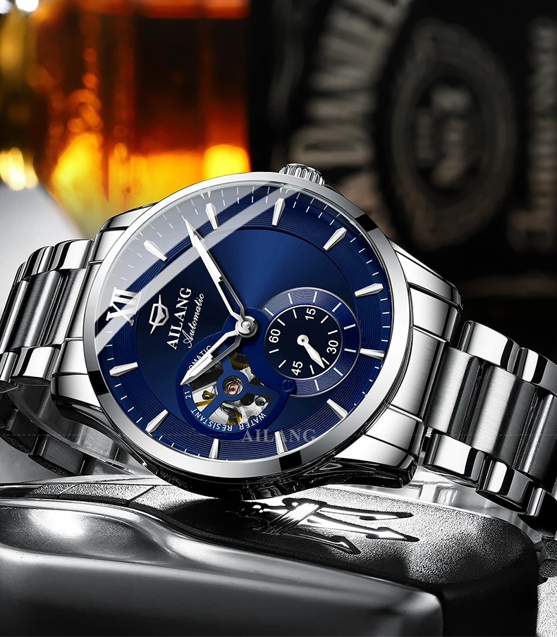AILANG 2024 Fashion Blue Mechanical Watch For Men Stainless Steel Mens Watches Top Brand Luxury Automatic Skeleton Wristwatches_voghion.com