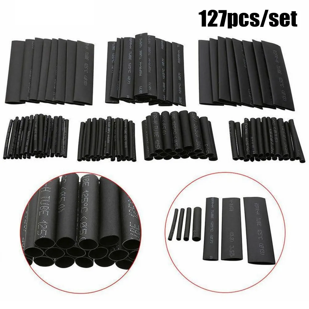 127pcs Heat Shrinkable Tube Sleeve Kit 21 Shrinkage Rate Black Car