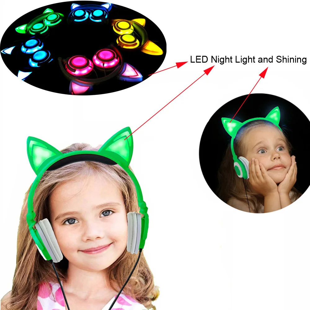 Cat Ear Wired Headphones Foldable Flashing Kids Gaming Headset Earphone With LED Light Earphone For PC Computer Mobile Phone