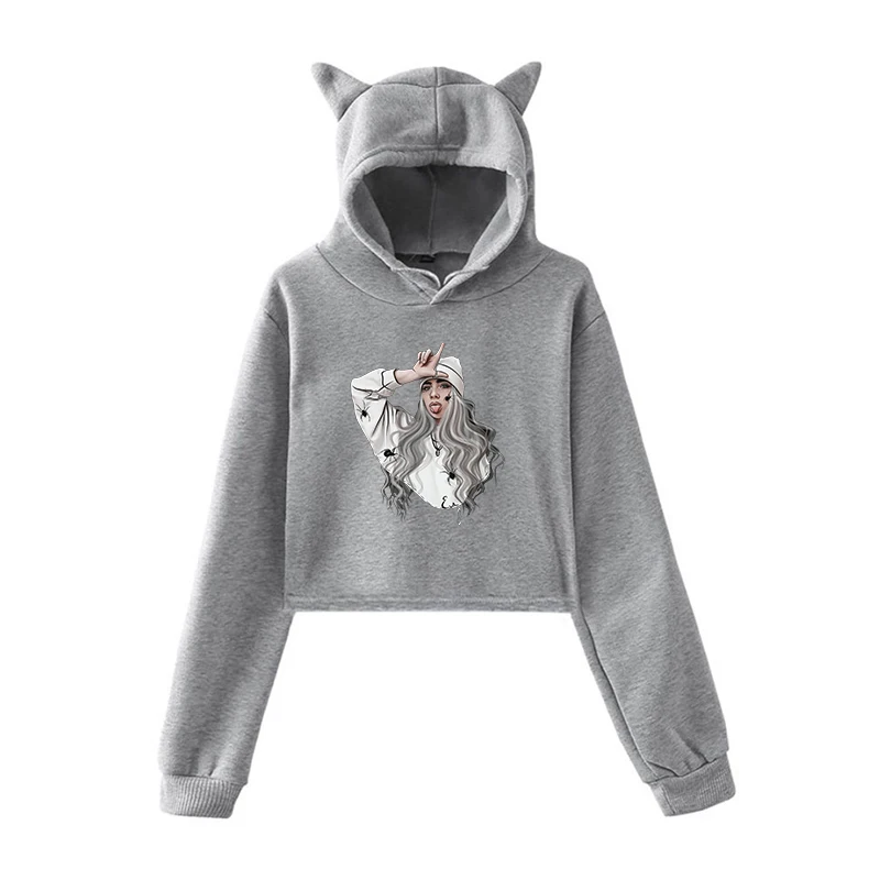 Лидер продаж, модные Kpop Billie Eilish толстовки, короткий кошачий топ с капюшоном, женская сексуальная розовая толстовка с кошачьими ушками, трендовая Толстовка Harajuku