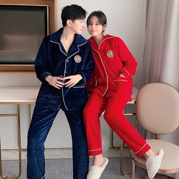 

Coral Fleece Lovers Pajamas Set Winter 2PCS Shirt&Pant Warm Flannel Sleepwear Couple Thick Pyjamas Suit Casual Sleep Set