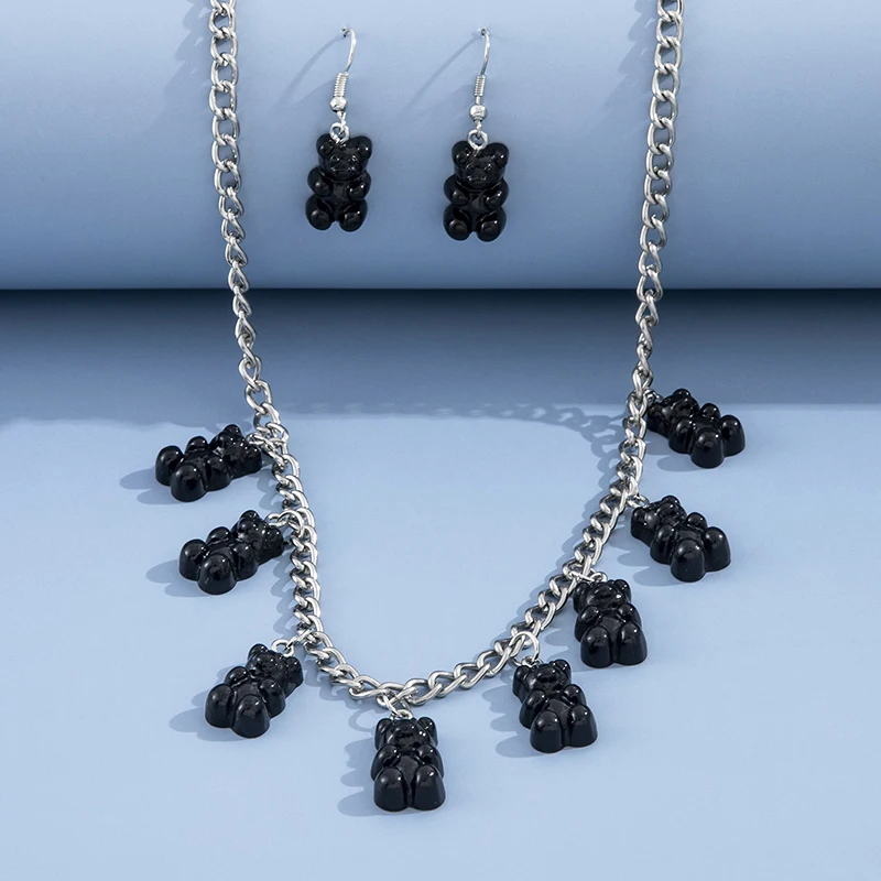 Aprilwell Cute Black Bear Pendant Necklace and Earrings For Women 2021