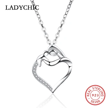 

LADYCHIC Genuine 925 Sterling Silver Mother Baby Pendant Necklaces Pure Silver Love Heart Thanksgiving Mother's Day Gift LNS1011