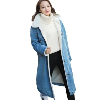 

2019 Large size winter denim coat women thicken flocking long jeans jacket female long sleeve single-breasted cotton coats G626